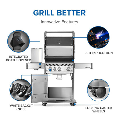 Napoleon Rogue PRO 425 Propane Gas Grill with Infrared Side Burner, Stainless Steel, Durable 4-Burner BBQ