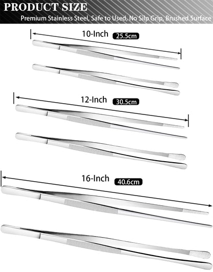 JETKONG 2 Pcs 16'' Tweezer Tongs, Extra Large Food Tweezers, Extra Long Kitchen Tweezers for Cooking Repairing and BBQ (16-Inch, Silver)