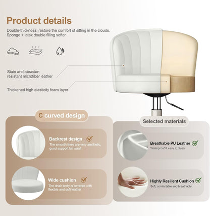 Small Desk Chair Round Rolling Chair with Back PU Leather Height Adjustable Swivel Vanity Work Computer Stool Chair