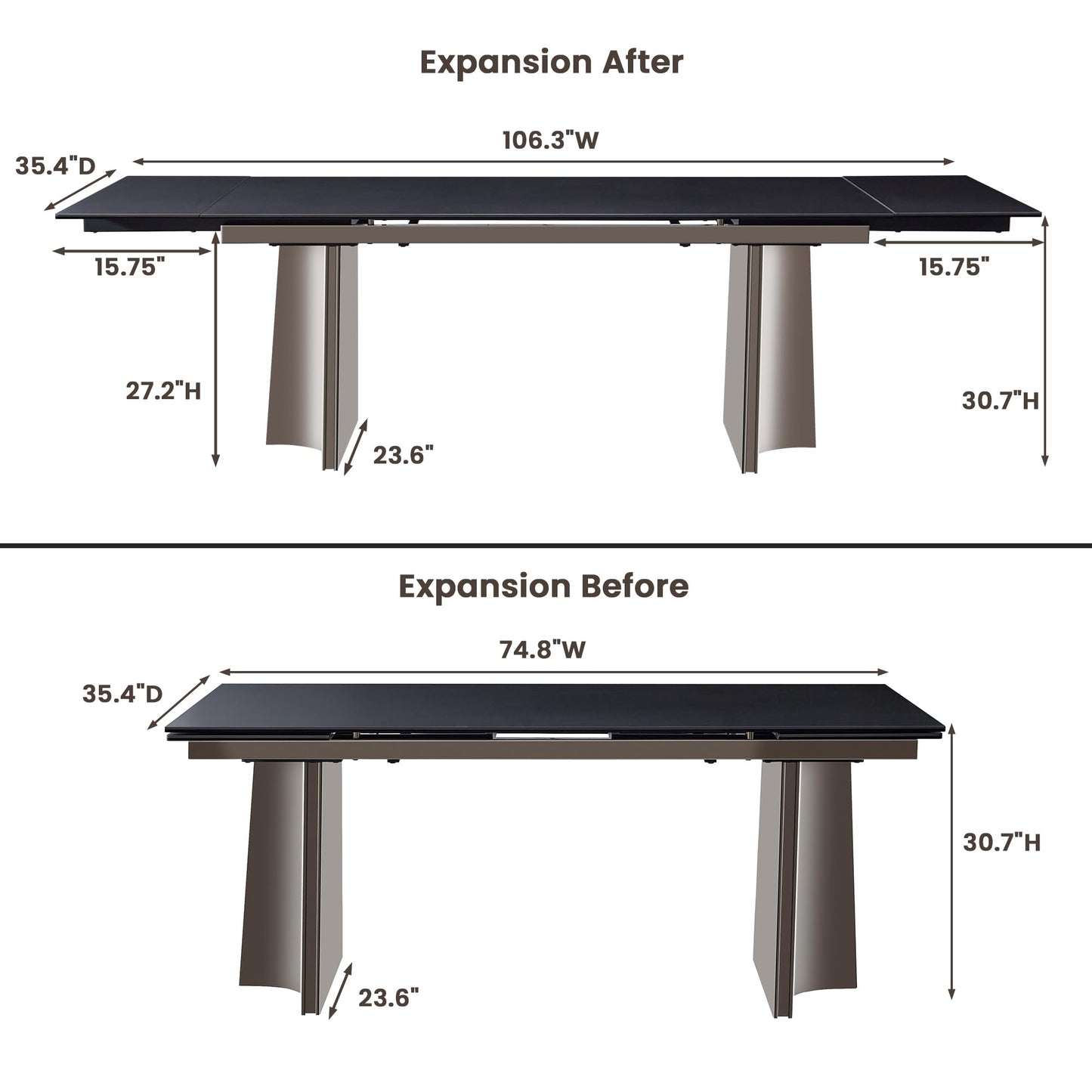 TimesGate Extendable Dining Table for 8-12 Seat, Flexible Stretch, Tabletop Made from Rock Plate and Tempered Glass, Stable Stainless Steel Brushed Table Legs, 35.4"D x 106.3"W x 30.7"H, Pure Black