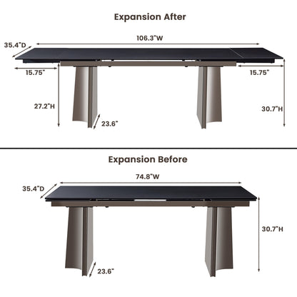TimesGate Extendable Dining Table for 8-12 Seat, Flexible Stretch, Tabletop Made from Rock Plate and Tempered Glass, Stable Stainless Steel Brushed Table Legs, 35.4"D x 106.3"W x 30.7"H, Pure Black