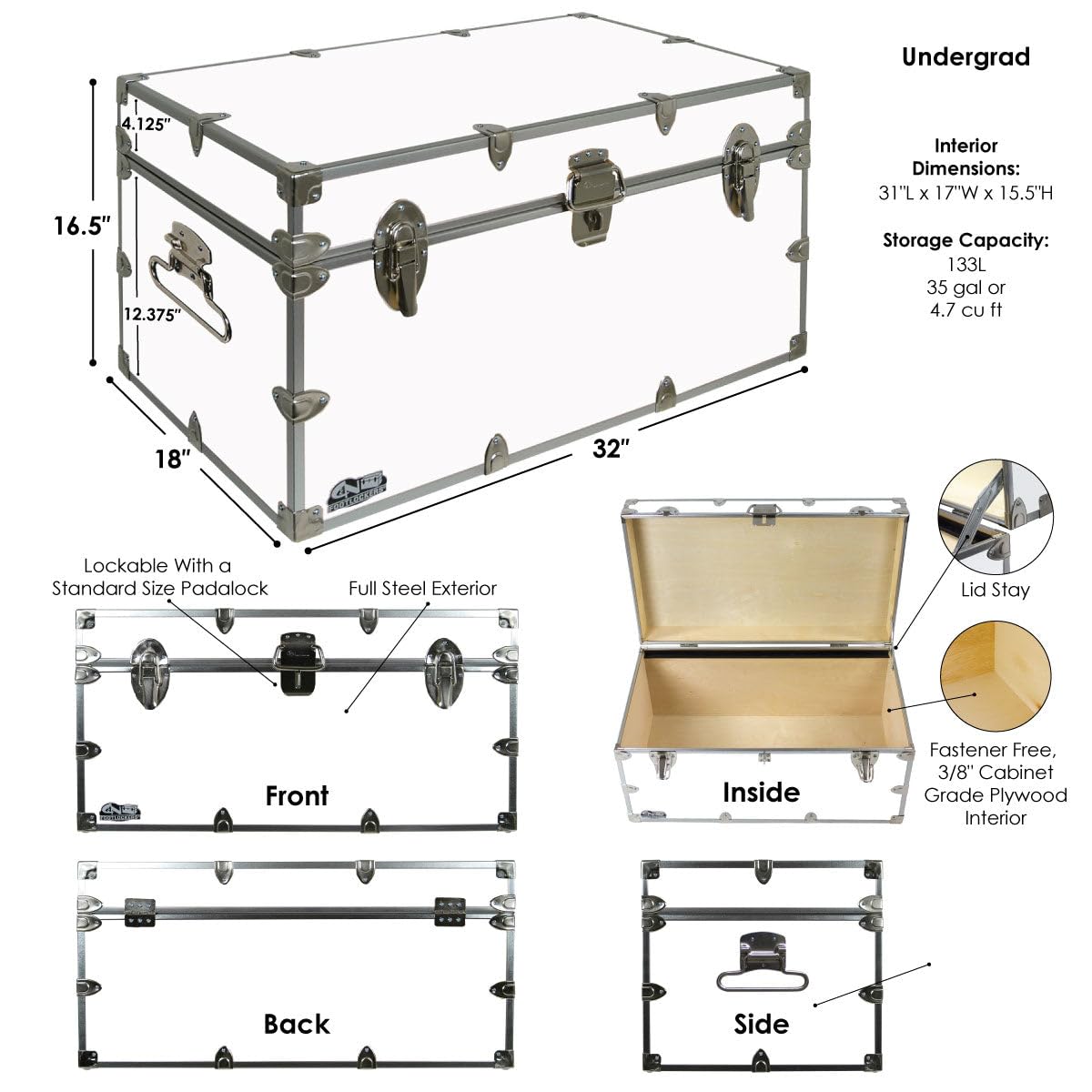 C&N Footlockers - Large Undergrad Storage Trunk - Made in the USA - Only STEEL Footlocker on Amazon - Durable Chest with Lid Stay - 32 x 18 x 16.5 Inches (Red)