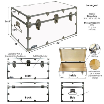C&N Footlockers - Large Undergrad Storage Trunk - Made in the USA - Only STEEL Footlocker on Amazon - Durable Chest with Lid Stay - 32 x 18 x 16.5 Inches (Red)