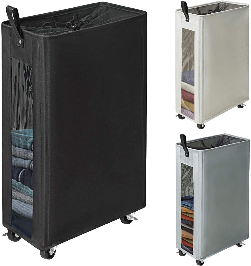 ZERO JET LAG 25 Inches Slim Laundry Storage Hamper, Large Rolling Bin, Clear Window, Black