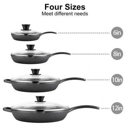 CUISGUSTO 12 Inch Cast Iron Skillet with Tempered Glass Lid, Pre-Seasoned for Consistent Heating, Silicone Handle Cover & Pan Scraper, Ideal for Holiday Cooking & Gifting