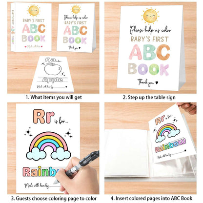 Baby's First ABC Book Baby Shower Activity, Boho Sun Baby Shower Guest Book Alternative with Alphabet Coloring Pages, Educational Keepsake & Activities, Sunshine Baby Shower Games Craft Kit