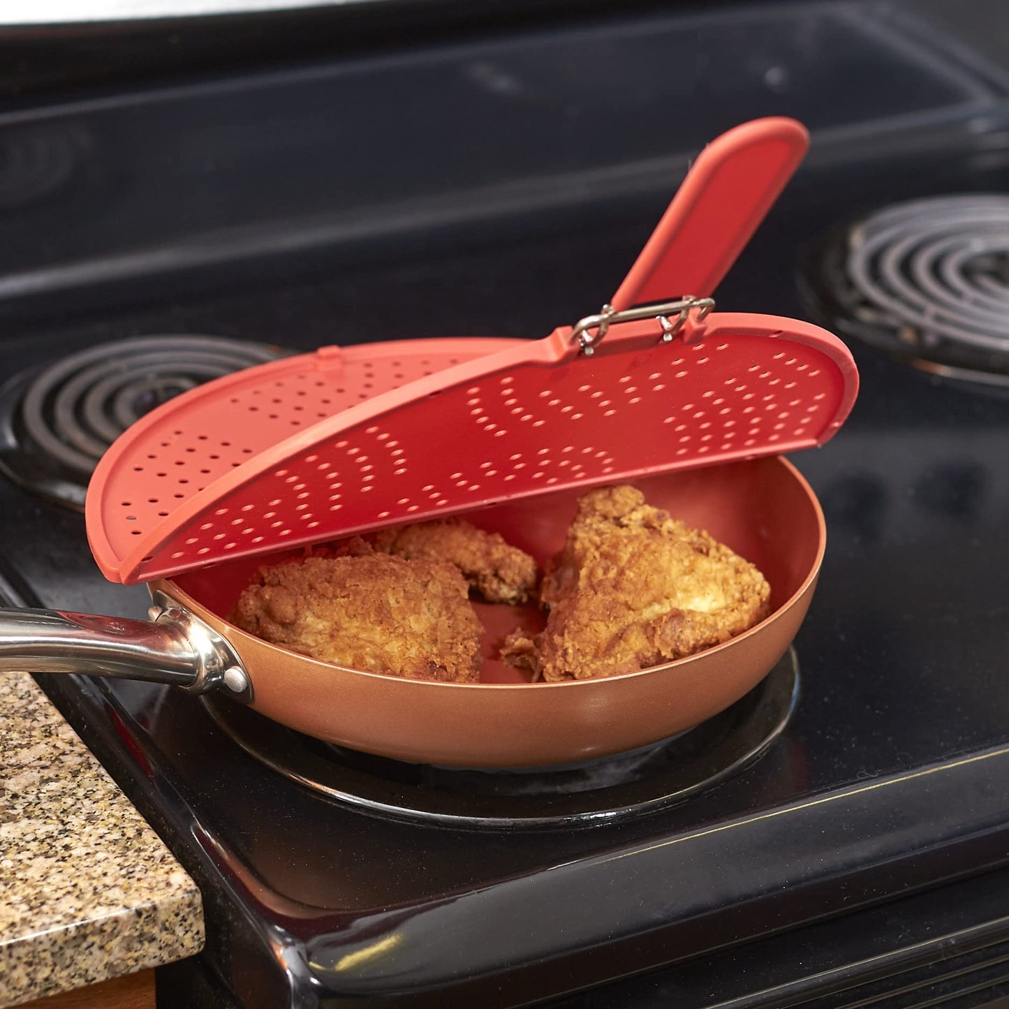 K KIRKWOOD KITCHEN Splatter Screen for Frying Pan Foldable Grease Splatter Guard Silicone Splatter Shields Multifunction Oil Screen for Skillet with Folding Handle Bacon Splatter Screen Strainer
