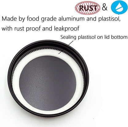 Black Rust Proof Aluminum Storage Lid with Silicone Sealing for Regular Mouth Mason Ball Canning Jars, 6 Pack