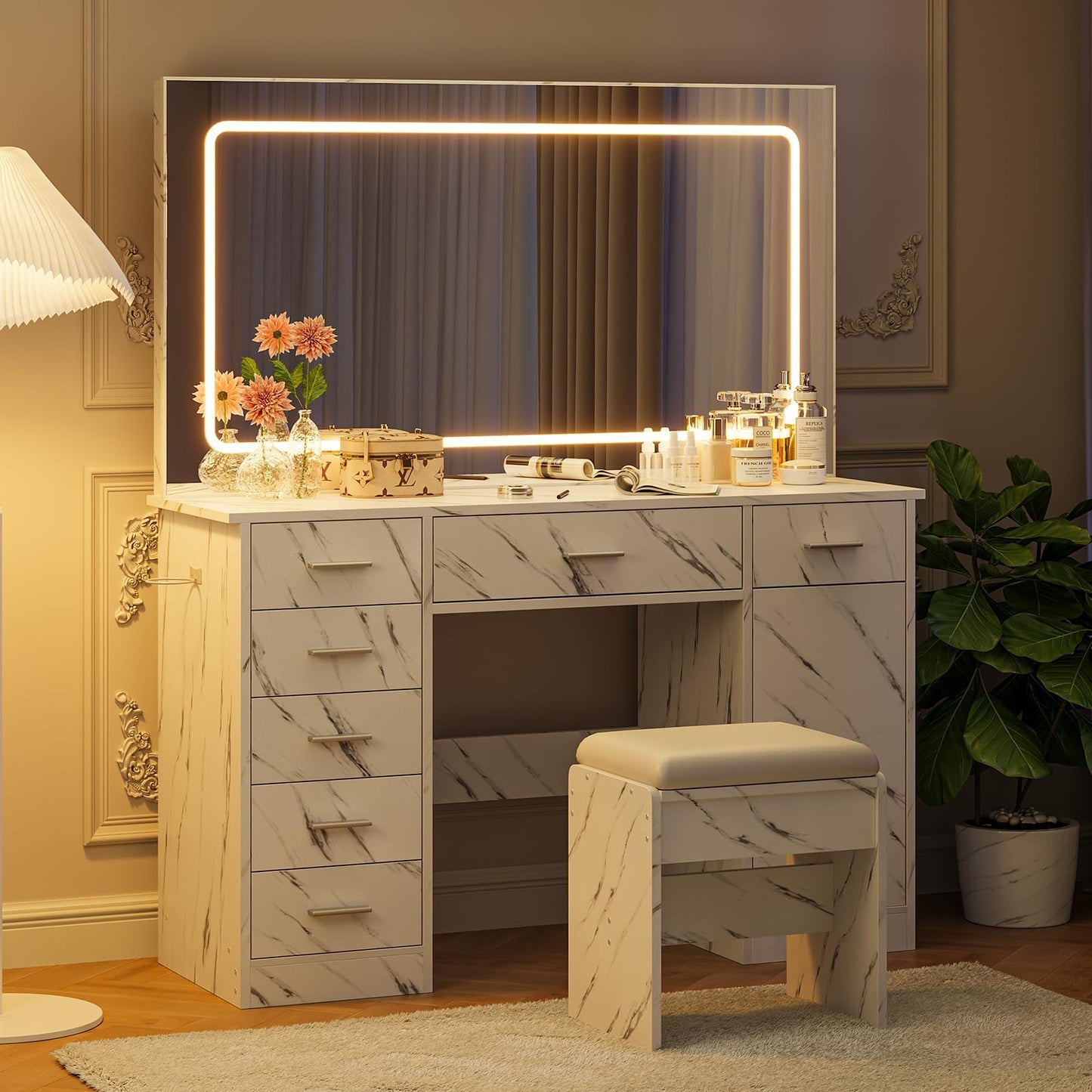 IDEALHOUSE Modern Vanity Desk with Large LED Mirror – 7 Drawers, Power Outlets, USB Ports, Hair Dryer Holder, 3-Mode Lighting, Stool, Cabinet – Marble White