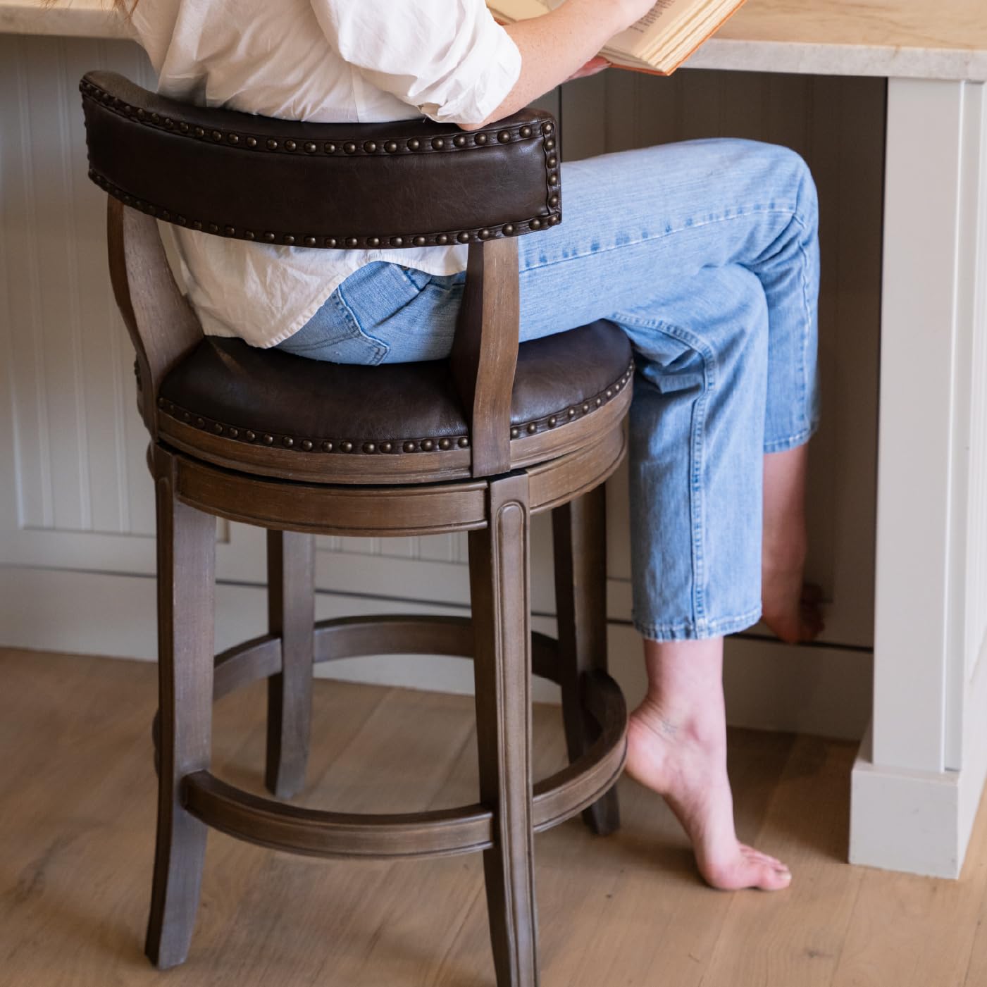 Maven Lane Alexander Counter Stool 26 Inches – Swivel Stool with Footrest – Brown Solid Wood and Brown Faux Leather Upholstery – Perfect for Kitchen Island and Counter