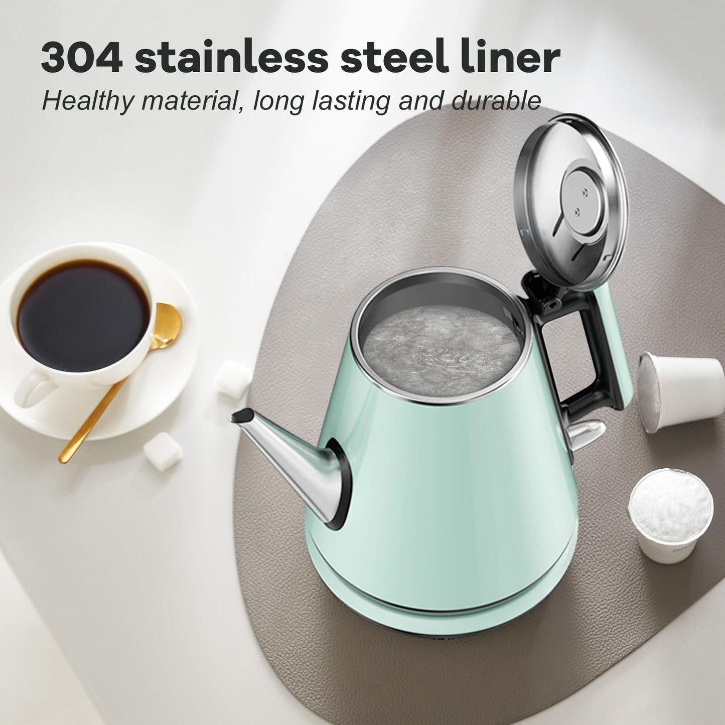 Small Electric Kettle 0.9L, 304 Stainless Steel Inner, 1000W Fast Boiling in 4-6 Mins, Vintage Compact Design with One Key Operation, Auto Shut Off, Dry Boil Protection, for Home, Office, Coffee Etc.