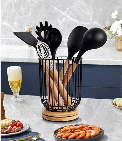 Utensil Holder for Kitchen Counter, Large Rotating Utensils Caddy for Farmhouse Cooking, Spatula Holder (Metal + Bamboo)