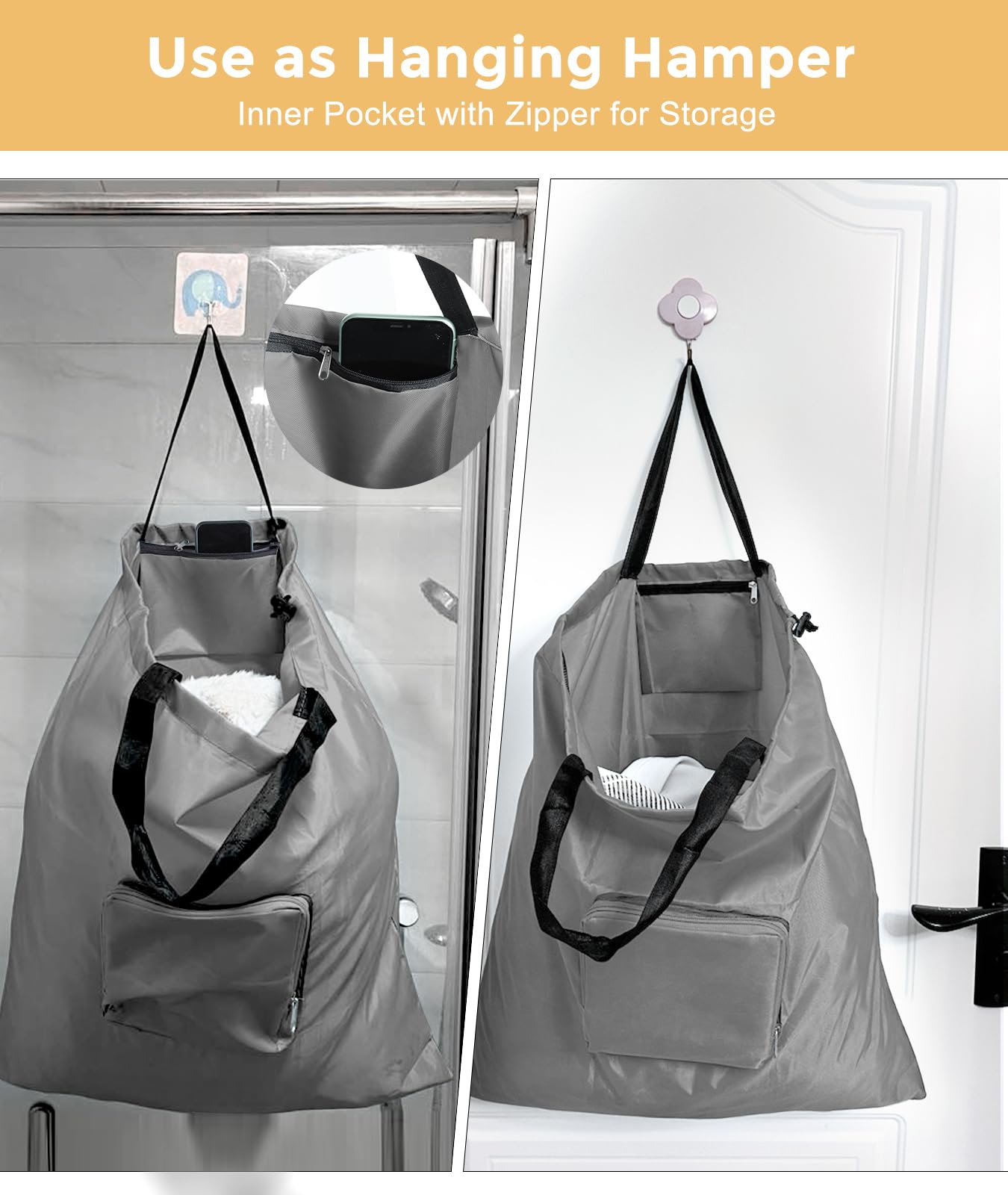 Travel Laundry bags, 2 Pack Dirty Laundry Travel Bag, Foldable Dirty Clothes Bag for Traveling, Washable and Small Laundry Bag with Handles for Suitcase, Gym, Camping, Black+Grey