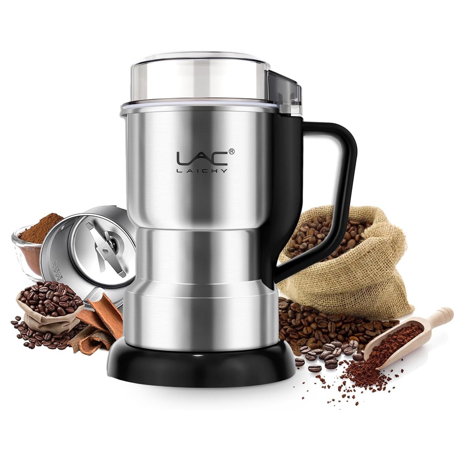 Electric Coffee Grinder & Spice Grinder, 150W Fast Grinding with Stainless Steel Blades | for Coffee Beans, Spices, Seeds, Herbs | Dry Food Mill | Mini Kitchen Grinder (With handle)
