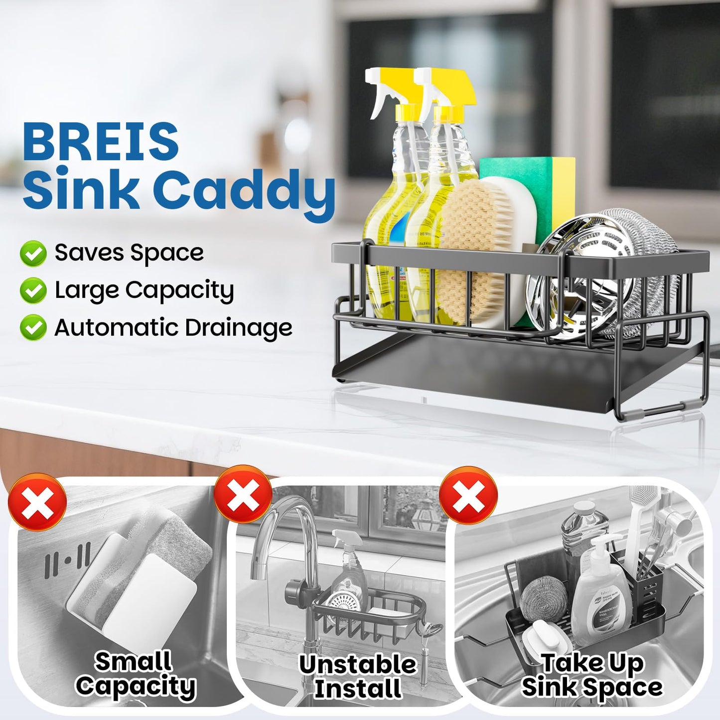 BREIS Kitchen Sink Caddy Organizer with Rag Holder,Self-Draining Sponge Holder for Countertop Soap Dispenser Organizers and Storage Essentials,Kitchen Decor and Accessories