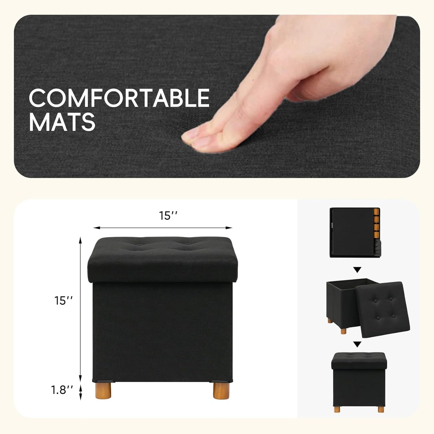 15" 15" 15"Black PINPLUS Storage Ottoman Cube, White Linen Footrest with Wooden Legs, Foldable Fabric Footrest
