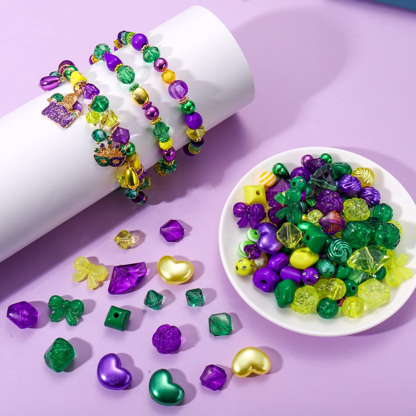 2300PCS+ Mardi Gras Beads for Jewelry Making, Gold Purple Green Polymer Clay Beads, Assorted Acrylic Crystal Pearl Beads Spacer Beads for Bracelet Necklace Earrings DIY Crafts Mardi Gras Accessory