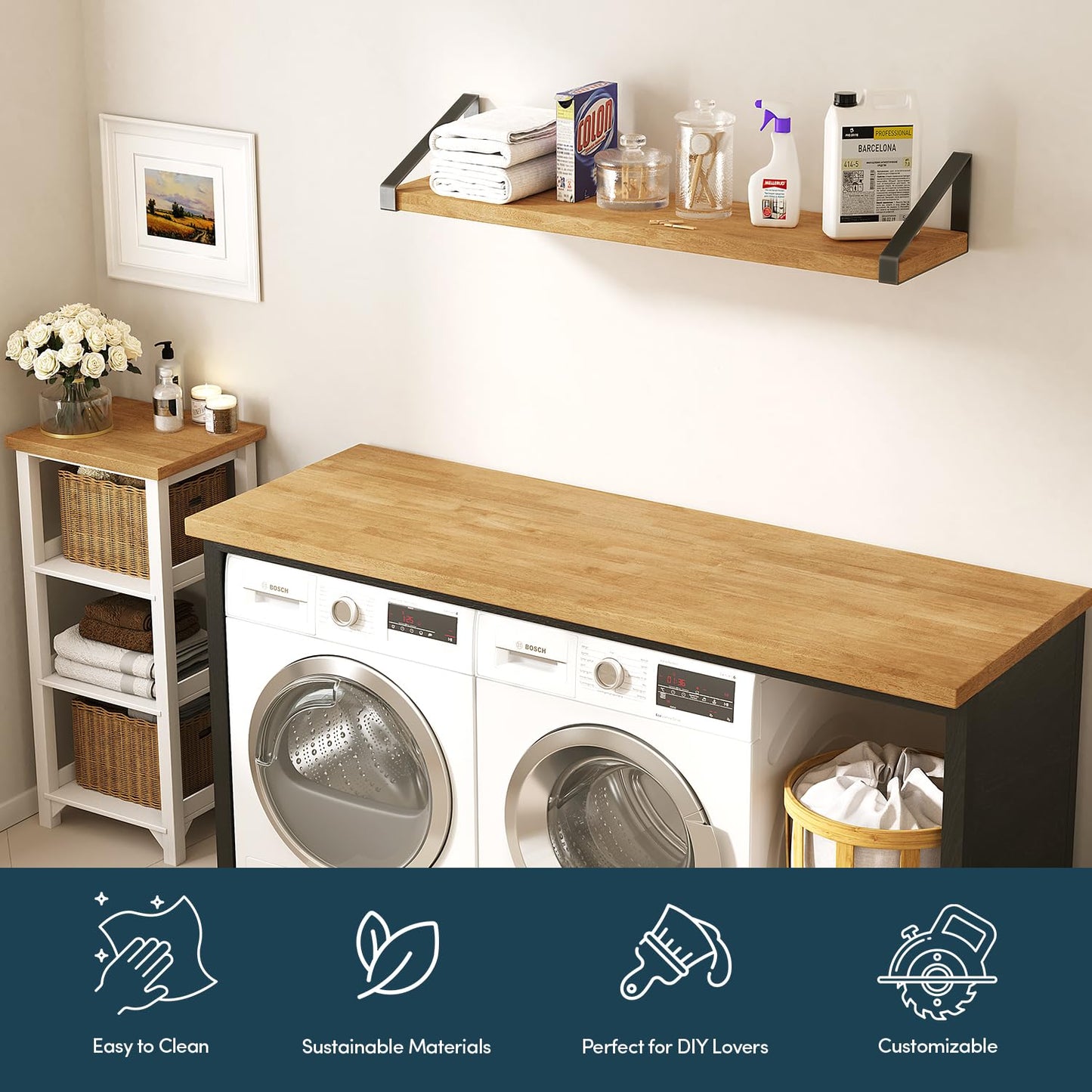 AllForWood 60''L x 30''W x 1.5''Th Hevea Light Brown Premium Solid Wood Butcher Block Countertop, Butcher Block Table Top for DIY Washer Dryer/Island/Kitchen Countertop (Finished)