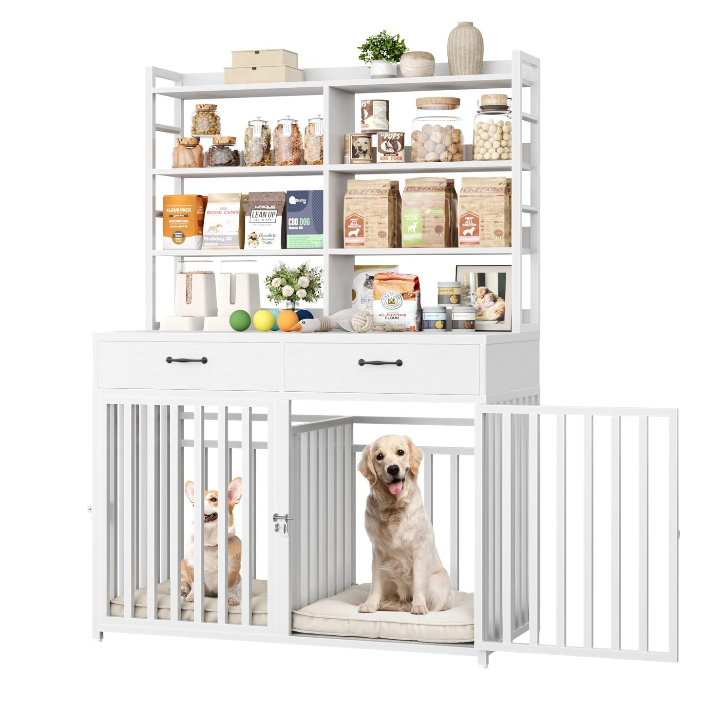 Keyluv 71''H x 47.2''W Large Dog Crate Furniture with 4-Tier Shelves and 2 Storage Drawers, Heavy Duty Dog Cage Furniture with 2 Doors, Wood & Metal Dog Kennel Indoor for Small/Medium/Large Dog, White