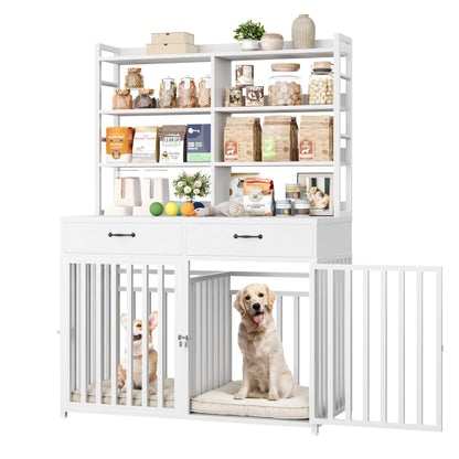 Keyluv 71''H x 47.2''W Large Dog Crate Furniture with 4-Tier Shelves and 2 Storage Drawers, Heavy Duty Dog Cage Furniture with 2 Doors, Wood & Metal Dog Kennel Indoor for Small/Medium/Large Dog, White