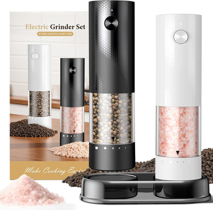 Skiennix Electric Salt and Pepper Grinder Set - Rechargeable Automatic Shakers with Adjustable Coarseness | 2-Pack Black/White