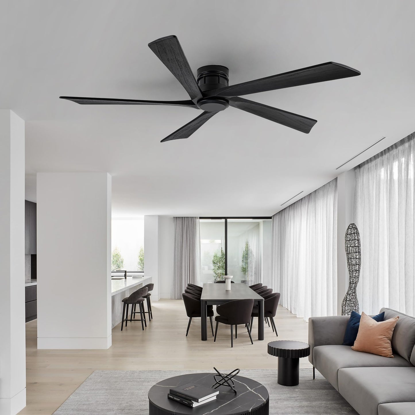 Vernal Life 64 Inch Modern Flush Mount Ceiling Fans no Light for Living Room, 5 Reversible Wood Blades, 6-Speeds, 110V Noiseless DC Motor (Black Finish with Black Blades)
