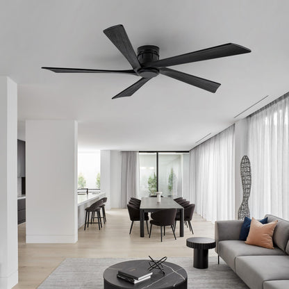 Vernal Life 64 Inch Modern Flush Mount Ceiling Fans no Light for Living Room, 5 Reversible Wood Blades, 6-Speeds, 110V Noiseless DC Motor (Black Finish with Black Blades)