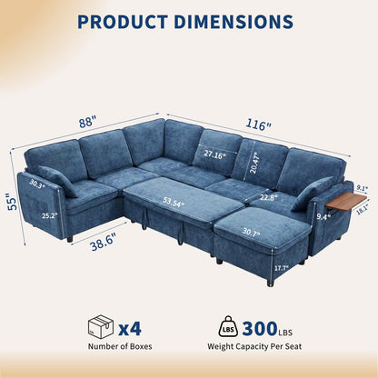 Modular Sectional Couch with Pull Out Sofa Bed, 116" U Shaped Modular Cloud Sofa Set with Ottoman, Charging Port & Foldable Side Table, 7 Seater Comfy Chenille Sleeper Couch for Living Room, Blue