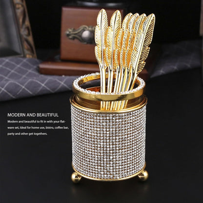 Coffee Spoons Set with Holder, Long Handle Dessert Spoons, Gold Glass Jar with 6 Metal Flatware Spoons