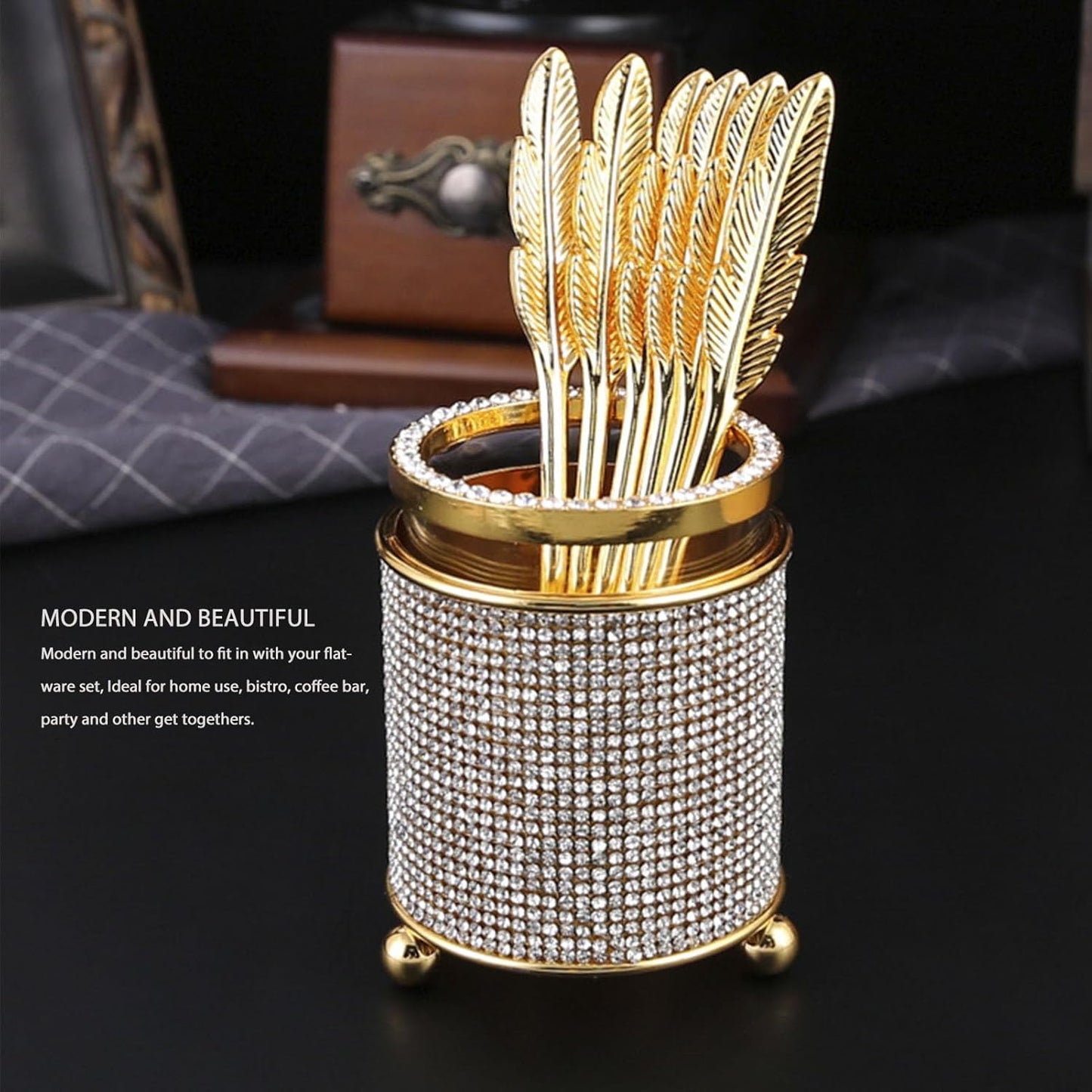 6Pcs Mini Tea Spoons Set, Gold Dessert Spoons with Holder, Zinc Alloy Small Delicate Spoons for Mixing, Ice Cream, Cake