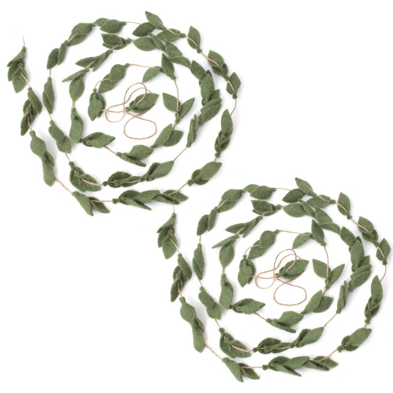 Glaciart One Felt Leaves Garland (2Pcs) - Faux Greenery for Living Room, Bedroom - Natural New Zealand Wool, Hand Felted in Nepal - Suitable for Christmas, Thanksgiving, Wedding Decorations - 6ft.