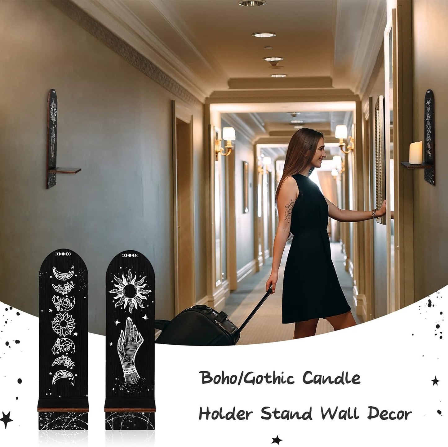 Set 2 of Boho Candle Holder Stand, Wooden Sconces Wall Decor Magical Boho Hand Floral Moon Phase Sign Rustic Spooky