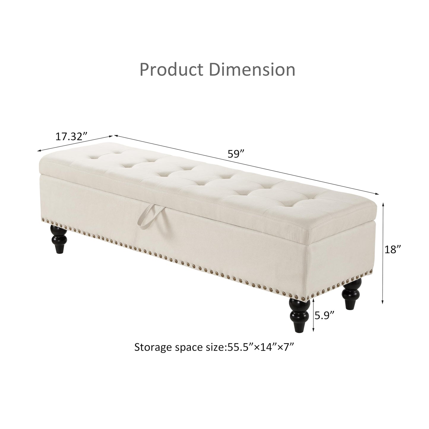 GDFStudio 59" Mid-Century Modern Rectangle Storage Ottoman Bench, Button Tufted Lift-Top Linen Ottoman Foot Rest with Solid Legs and Nailhead Trim, Upholstered Oversized Pouf for Living Room, Beige