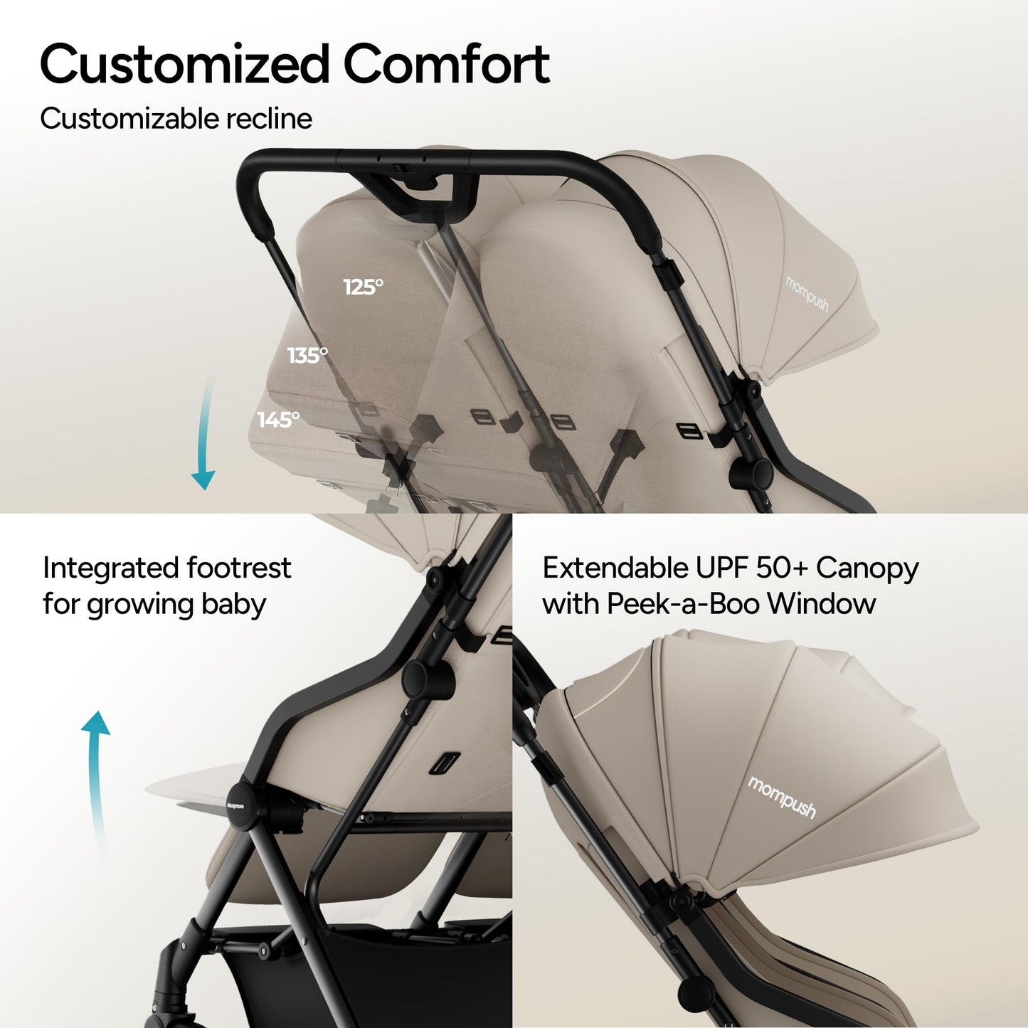 Mompush Lithe Double Stroller for Infant and Toddler, Lightweight Side by Side Twin Stroller, Only 25 lbs, 30-Inch Slim Fit Through Doorways, One-Step Fold, Independent Recline, UPF 50+ Canopy