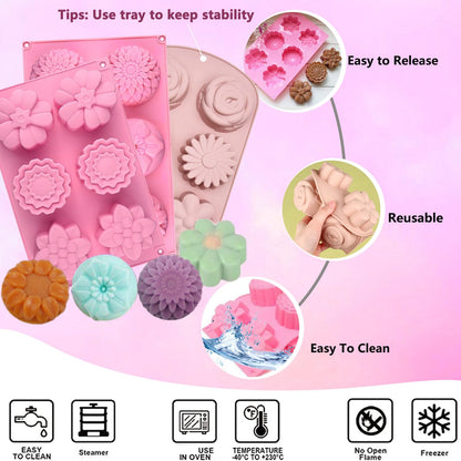 3 Pack Silicone Soap Molds,Flowers Soap Mold for Soap Making,Great for Handmade Soaps,Lotion Bars,Biscuit,Chocolate,Moon Cake