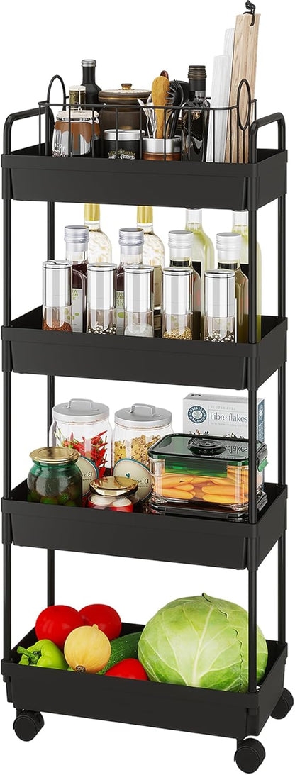 Buzowruil 4 Tier Rolling Storage Cart, Mobile Shelving Unit with Wheels for Kitchen Bathroom Laundry, Black