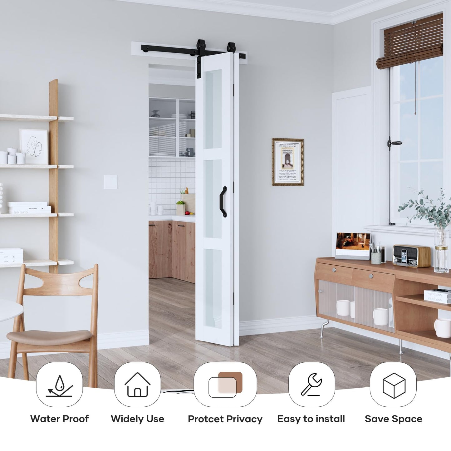EaseLife 28"x 84" (Double 14" x 84") Bifold Barn Door, Bifold Sliding Barn Door with Hardware Kit, Solid MDF Wood Slab Covered with Water-Proof PVC Surface, Frosted Glass Panel, Assembly Required