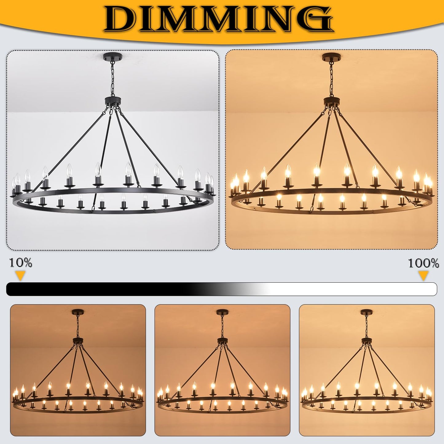 JKLX 48 Inch Black Large Wagon Wheel Chandelier, 24-Lights Farmhouse Industrial Round High Ceiling Light Fixture Adjustable Chain for Outdoor Porch,Foyer,Dining Room, Living Room