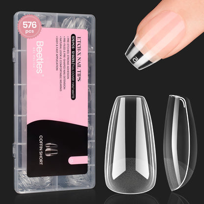 Beetles Gel Nail Kit Short Almond with Nail Dehydrator and Primer, 576Pcs Half Matte Etch-X Gel Nail Tips Solid Nail Glue Mini Nail Lamp Acrylic Nail Tips Easy DIY Nail Extension Set Gift for Women