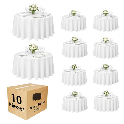 Craft And Party 10 Pack 108 Inch White Round Tablecloth, Polyester Fabric Washable Table Cloth for Home, Party, Wedding or Restaurant Use.