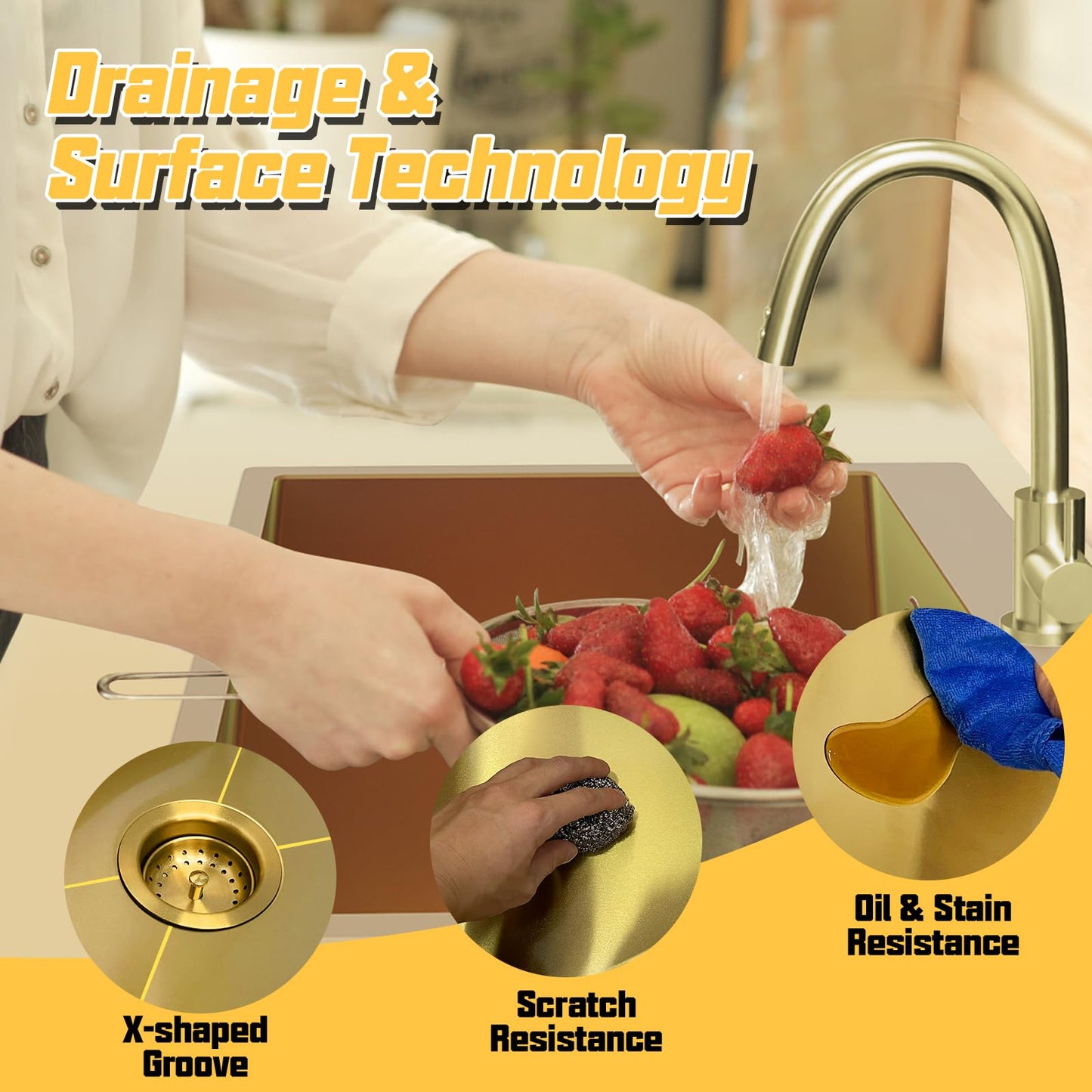 Gold 50/50 Double Bowl Kitchen Sink, 33"x 22" Stainless Steel Drop In Kitchen Sink Gold Topmount Sink With Gold-tone Accessories-Rack,Grid And Drain Assembly Add Luxurious Look For Modern Kitchen