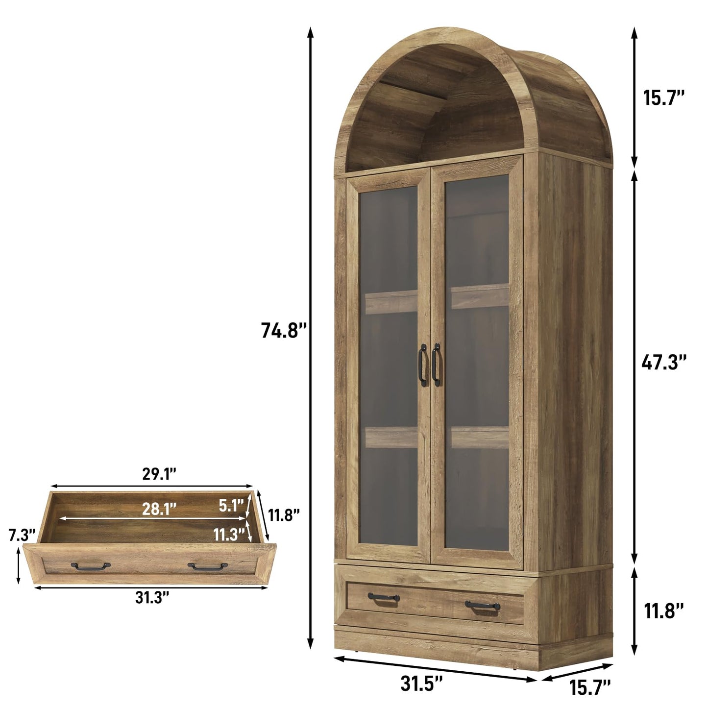 75" Tall Arched Kitchen Pantry Cabinet w Load-Bearing Steel Pipe,Modern Farmhouse Kitchens Storage Cabinet with Drawer and Glass Doors,Tall Arched Bookcase,Pantry Organizer for Living Room(Natural)