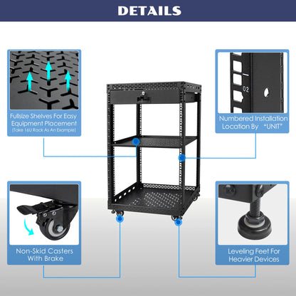OCEANHUG 16U Server Rack Cabinet with Drawer & Full Size Rack Shelf - Integrated Top/Bottom Panels, 4 Rolling Wheels for 19" Equipment & Home Lab Studio