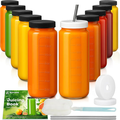 16oz 10 Pack Ruckae Juice Bottles, Glass Bottles with Lids, Smoothie Cup Lids and Straws, Water Bottle Mason Jar