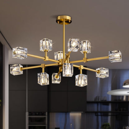 OKES Crystal Chandeliers for Dining Room Light Fixtures,Gold Sputnik Chandelier with 12-Lights,Modern Adjustable Height Semi Flush Mount Ceiling Light Fixture for Kitchen Island Bedroom Entryway