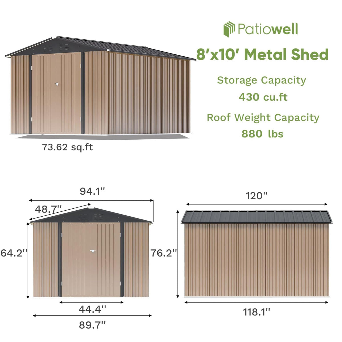 Patiowell 8x10 FT Outdoor Storage Shed, Large Garden Tool Metal Shed with Sloping Roof and Lockable Door, Outside Sheds for Backyard Patio Lawn, Brown