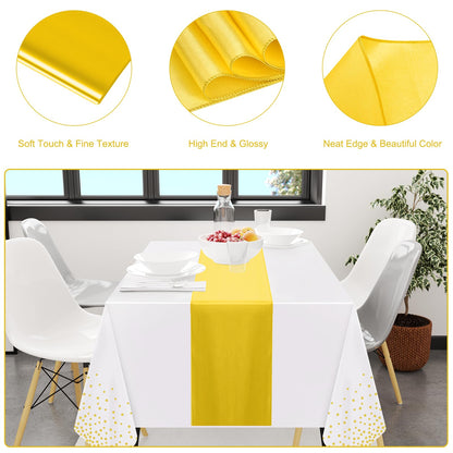 Barafat 12 Pack White Gold Tablecloth and Table Runner Set Party Decorations, White and Gold Plastic Disposable Tablecloth and Satin Table Runner for Wedding Birthday Party (White and Gold)