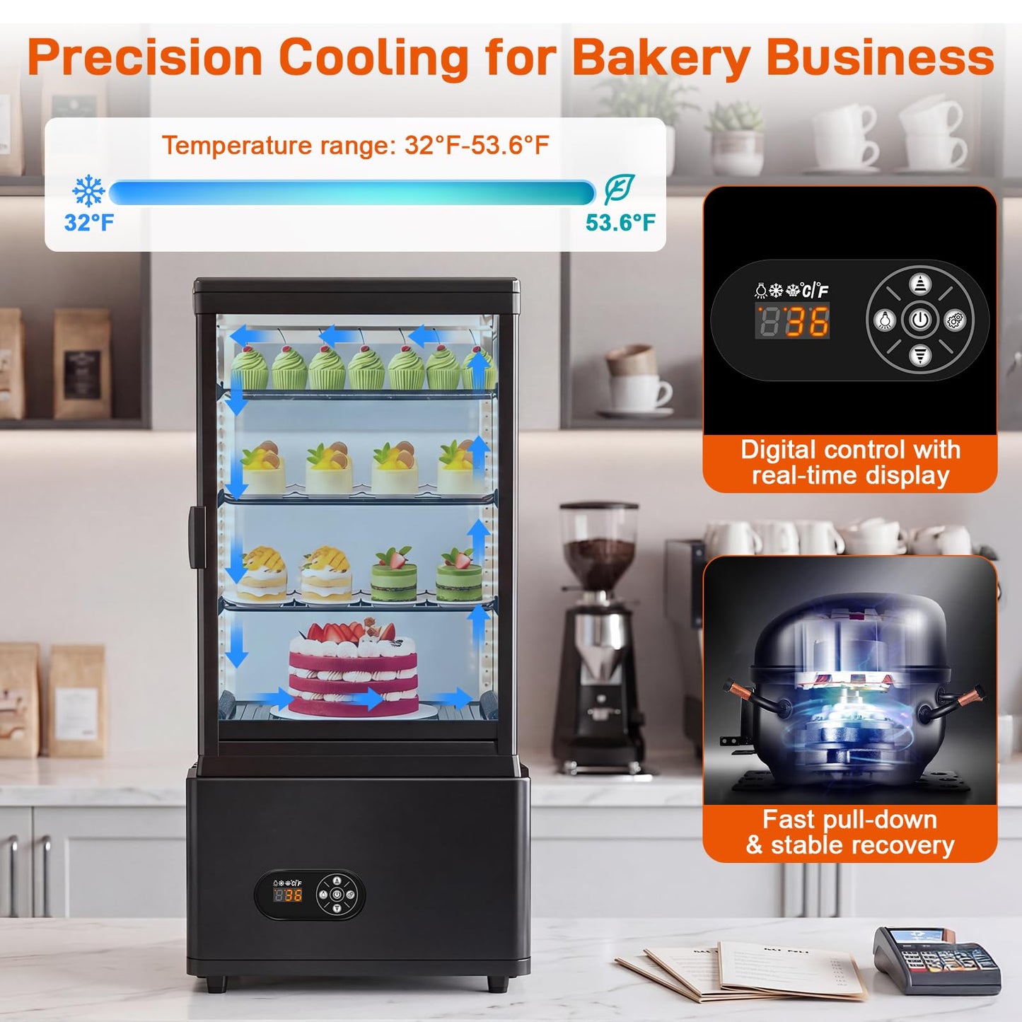 Commercial Cake Display Refrigerator, 78L Countertop Glass Cooler with LED Light, 32-53.6°F Digital Thermostat, Frost-Free Pastry Showcase for 11" Cake, Tempered Glass & Rear Door for Bakery/Cafe/Home