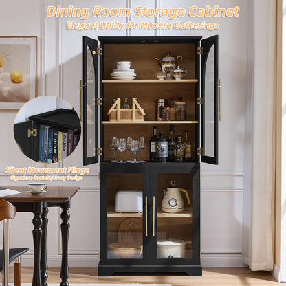 Joaxswe 72" Tall Bookshelf with 4 Curved Glass Doors, Farmhouse Bookcase with 3-Tier Adjustable Shelves, Modern Living Room Display Cabinet, Large Storage Cabinet for Home Office,Dining Room, Black