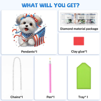 Bowetile 4th of July Diamond Art Hanging Kits for Adults,5D Diamond Painting Dog Window Pendant Kits, Special Shape Gem Art Suncatchers USA Flag Ornament for Home Garden Wall Decor Gifts